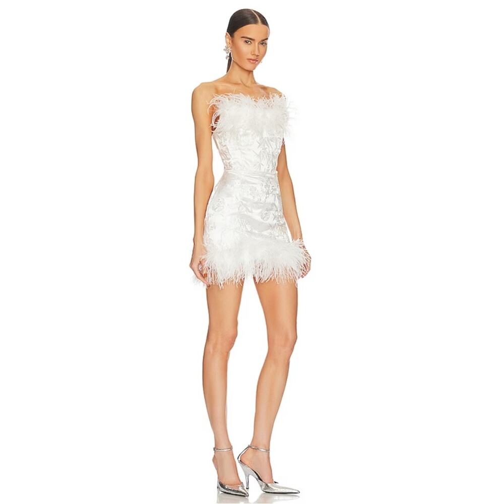 Sau Lee Jayde Sateen Jacquard Feather Hem Ivory White Mini Dress Size 14 - Picture 2 of 13